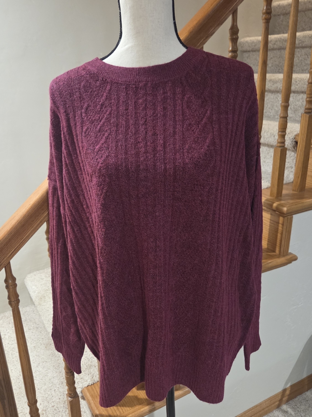 Cozy Cable Knit Crewneck Sweater - Burgundy
